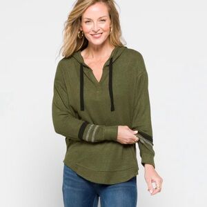Soft Olive Green long sleeve lightweight shirt with hood.